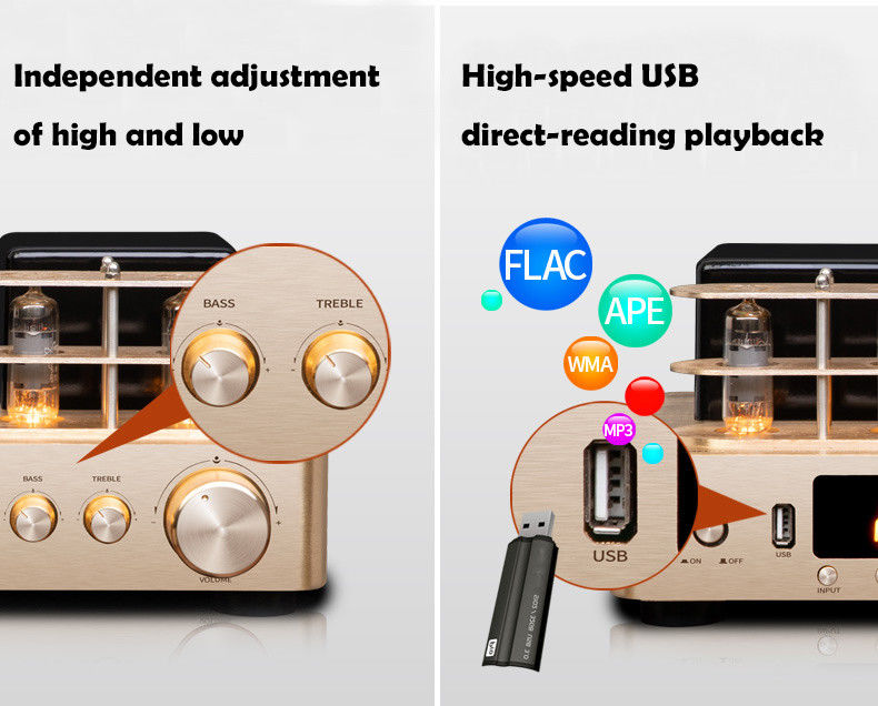 2.0 Channel Bluetooth Audio Amplifier , Vacuum Tube Amplifier Gold Color