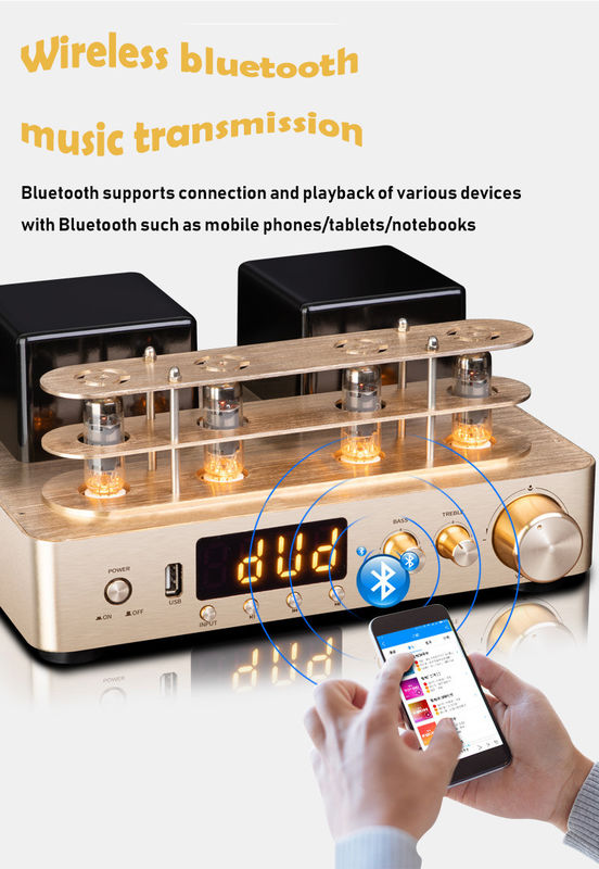 2.0 Channel Bluetooth Audio Amplifier , Vacuum Tube Amplifier Gold Color