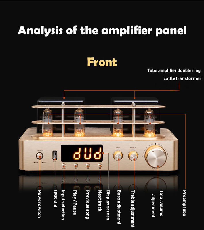 2.0 Channel Bluetooth Audio Amplifier , Vacuum Tube Amplifier Gold Color